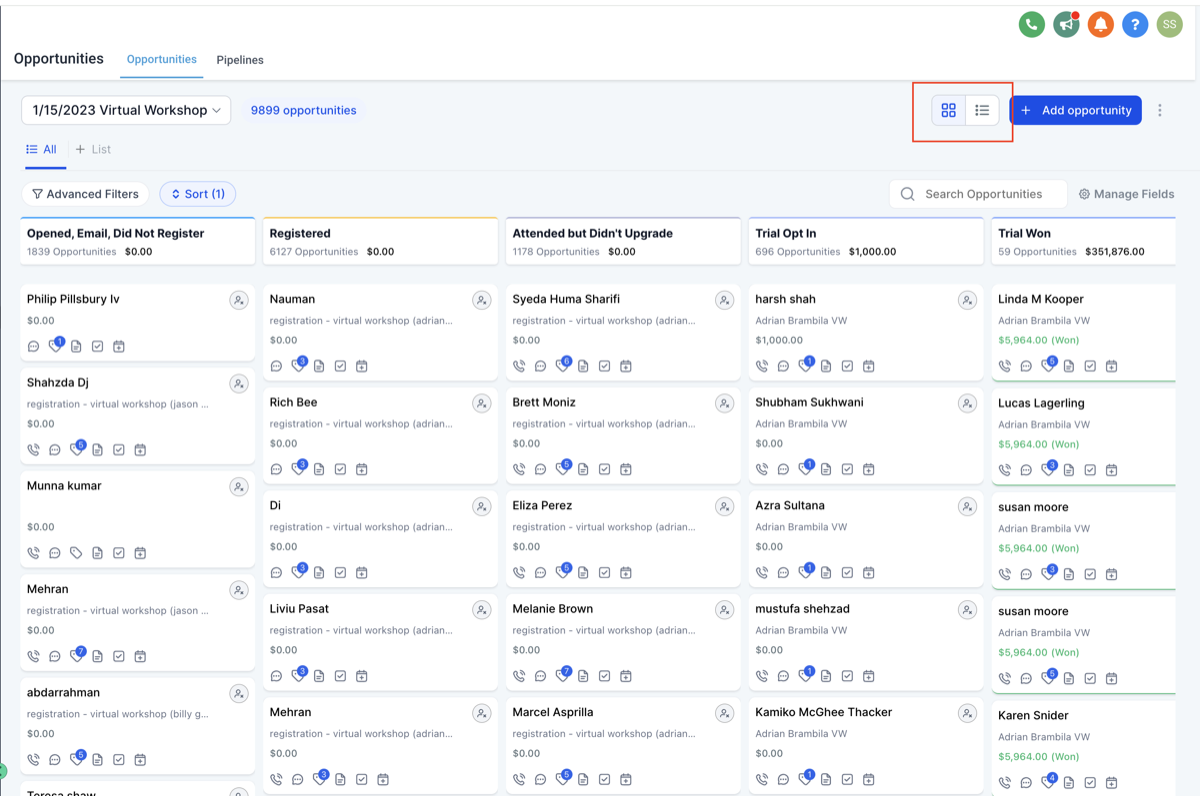 KillerConnector Opportunities Pipeline showing kanban-style deal stages from New Leads through Won