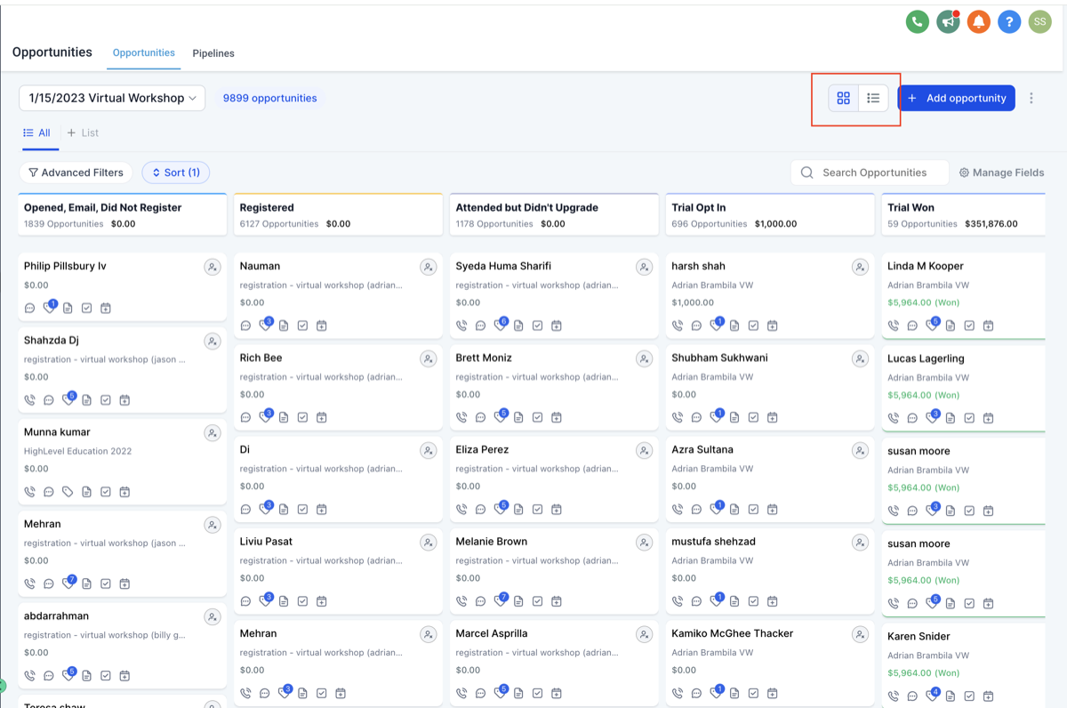 LeadConnector Opportunities Pipeline showing kanban-style deal stages from New Leads through Won